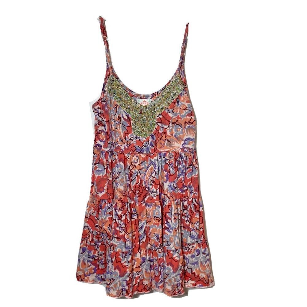 Free People Sleeveless Straps Floral Dress Multicolor XS Studded High‎ Waist Tie